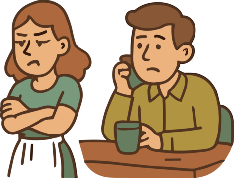 A cute cartoon illustration of a couple having an argument, showing a woman with crossed arms and a man holding a cup looking sad, drawn in warm tones with a flat vector style.