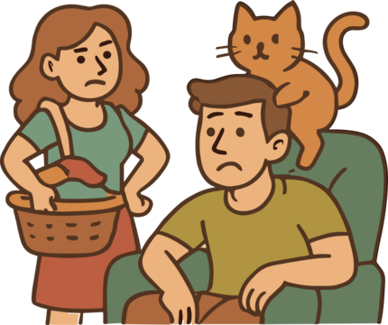 A cute cartoon illustration of a woman standing with a laundry basket, a man sitting in a chair looking sad, and a cat on his shoulder, drawn in warm tones with a cozy flat vector style. - Powered by Adobe