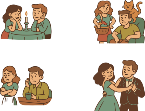 A cute cartoon illustration set showing a couple in various relationship moments—romantic dinner, argument, domestic life with a cat, and dancing—drawn in warm vintage tones with a co