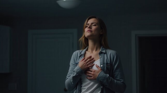 Anxious woman clutching chest, shallow breathing, trembling hands, night interior
