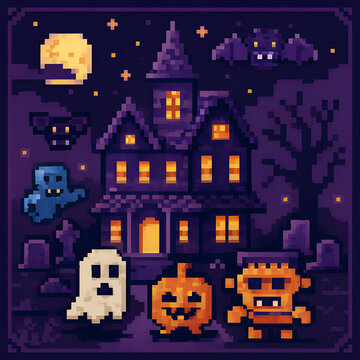 Retro Pixel Art Haunted House Halloween Night Scene