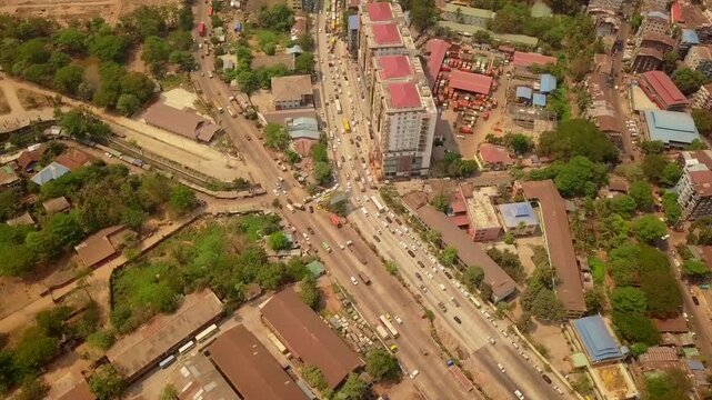  Futuristic aerial view panorama of developing Yangon city , Aerial view of Sule pagoda in downtown, Yangon, Myanmar. Sule Pagoda located in the heart of Yangon, Karaweik royal barge, Kandawgyi Lake, 