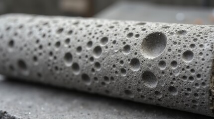Porosity bubbles in concrete core sample, cut cylinder, visible air voids
