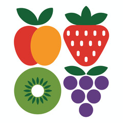 Vibrant flat design illustration of four distinct fruits apple strawberry kiwi slice and grapes