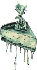 A surreal watercolor illustration of a cake slice with teal frosting and flowing steam, featuring dripping textures, expressive brushwork, and an ethereal abstract atmosphere.