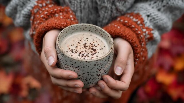 A person holding a mug of coffee with a brown swirl pattern on it. The person is wearing a sweater and holding the mug in their hands. The image has a cozy and warm feeling