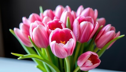 Obraz premium Lovely pink tulip bouquet, a perfect spring gift. Delicate blooms arranged in a charming bunch, ideal for a special occasion, cheerful, bouquet, home decor