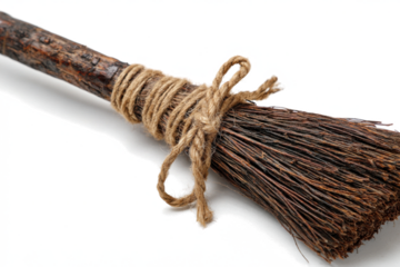 Rustic broom with natural twine a traditional cleaning tool isolated on white background