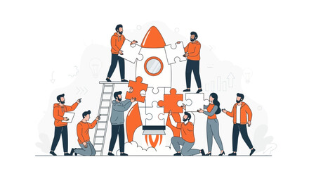 Teamwork concept showing people assembling a rocket ship like a puzzle