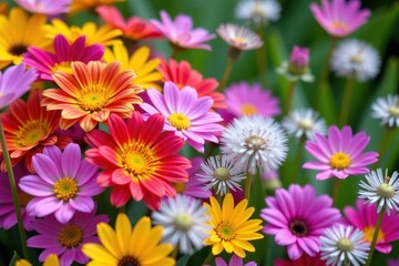 Obraz premium Vibrant spring flower blossoms nestled amongst fluffy dandelion seeds, creating a colorful and cheerful springtime scene, green, season