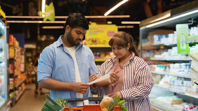 Young indian couple checking grocery receipt in a supermarket aisle