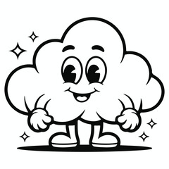 Retro cartoon cloud character with a happy face and sparkling stars in a vintage style