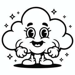 Cute cartoon cloud character with a happy face and sparkling stars vintage style illustration