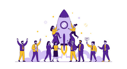 Teamwork And Launching A Rocket Symbolizing Business Startup And Success In Modern Style
