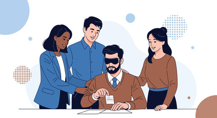 Teamwork and support concept showing blindfolded man receiving support in a meeting or business.