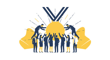 Teamwork and winning concept with people lifting a medal and winning the business prize