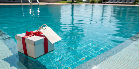 A gift box with a red ribbon drifts on the calm surface of a swimming pool. The water sparkles under the sunny afternoon sky, creating a serene atmosphere