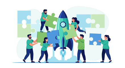 Teamwork Assembling a Rocket, Launching Success, Achieving Collaborative Goals Perfectly United