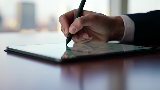 Digital Signature by an adult professional, actively using a stylus to sign an e-document on a modern tablet for efficient business and remote work in a bright office.