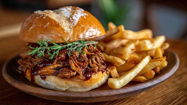Juicy pulled pork sandwich with golden fries on a rustic wooden plate enticing hungry customers for food advertisements and culinary blogs