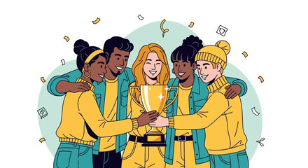 Teamwork Celebrates Victory, Holding Shiny Trophy to Show Success and Triumph