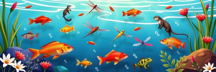 Naklejka premium Diverse aquatic life thrives in freshwater reservoirs: vibrant fish, playful otters, dragonflies, and various amphibians populate these tranquil ecosystems, reservoir, vibrant
