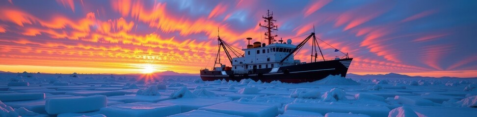 Naklejka premium Frozen fishing trawler, ice-covered hull, returning to harbor at sunset, dramatic sky, frozen, winter, nautical