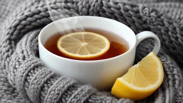 A cup of tea with a slice of lemon on top. The tea is steaming and the lemon slice is yellow. Concept of warmth and comfort, as the tea and lemon are often associated with relaxation and soothing