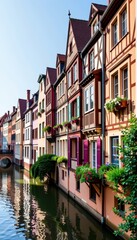 Fototapeta premium Half-timbered houses line picturesque canals, showcasing Strasbourg's unique architectural charm. Colorful facades and intricate details create a captivating s, old town, building, charming