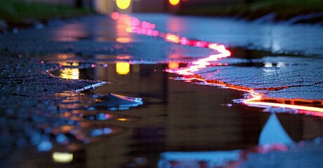 Wet asphalt reflects blurred lights. Night scene shows streaks, puddles, darkness. Cityscape ambiance creates moody atmosphere.