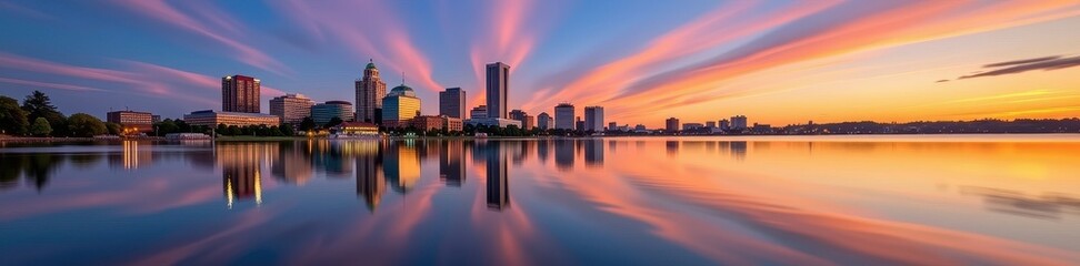 Fototapeta premium Madison, Wisconsin skyline reflected in calm lake water at sunset, cityscape panorama, skyline, architecture