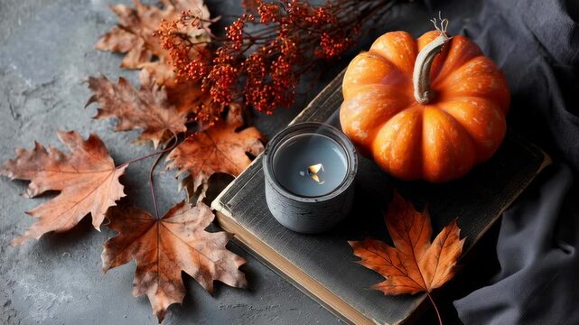 A pumpkin and a candle are on a table with some leaves. The candle is lit and the pumpkin is orange. The scene gives off a warm and cozy feeling, perfect for the fall season