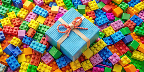 Fototapeta premium A wrapped gift box sits in the center of a colorful array of Lego blocks. The scene is bright and playful, ideal for children's creativity and imaginative play
