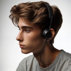 Young man wearing wireless headphones and listening intently indoors  