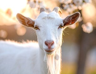 Fototapeta premium White goat in spring sunset