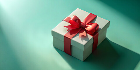 Obraz premium A beautifully wrapped gift box with a red ribbon sits on a teal surface, casting a soft shadow. Ideal for birthdays, holidays, or special events