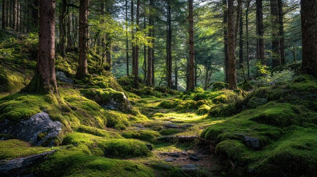 Sunlight streams through a mossy forest path