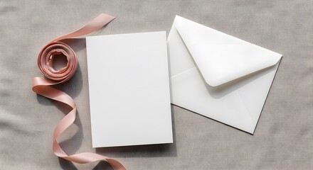 Overhead shot features a blank card and white envelope accented by a coiled pink ribbon on a distressed wood surface, perfect for invitations or heartfelt messages.
