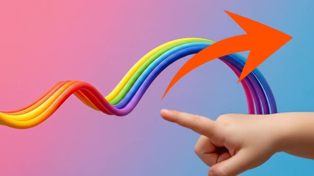 Hand points at colorful rainbow arch on gradient background illustration