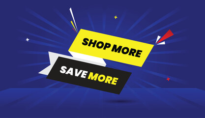 shop more save more web banner vector art template design badge icon label yellow black gray white shapes bold text dark blue light sun shine abstract business background creative modern style sale