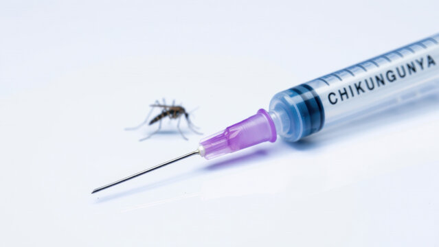 Chikungunya vaccine syringe with blurred mosquito in background, CHIKV prevention concept, mosquito-borne virus control, alphavirus immunization, healthcare protection, medical treatment symbol
