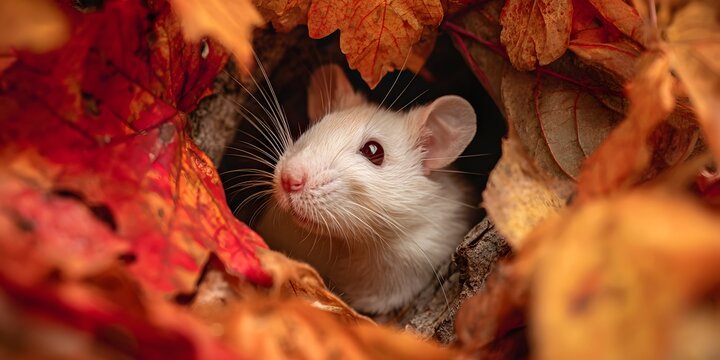 Beautiful domestic rat in autumn leaves. Nature, beauty, animals. For designers, marketers, IT. Popular image, illustration.
