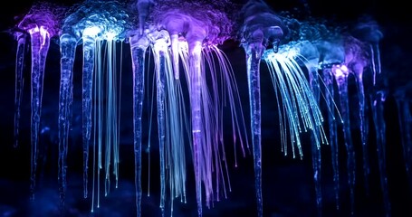 Close-up of glowing icicle-like structures illuminated by vibrant blue and purple lights.
