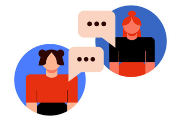 Two diverse women in circular frames having online conversation with speech bubbles. Modern flat illustration of virtual communication, messaging, and digital dialogue for social media and chat apps. 