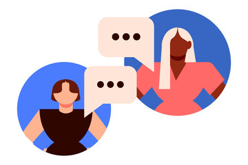 Two diverse women in circular frames having online conversation with speech bubbles. Modern flat illustration of virtual communication, messaging, and digital dialogue for social media and chat apps.