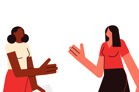 Two women discussing ideas and sharing insights at the workplace. Professional teamwork, communication. Colorful flat vector illustration for business, diversity, partnership, and corporate design