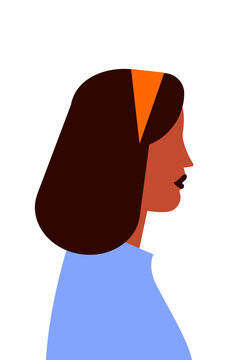 Vector portrait of a brown, dark-skinned woman in profile wearing a yellow headband and light blue top. Colorful flat character design celebrating diversity, beauty, inclusion, and representation. PNG