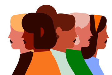 Modern flat design illustration featuring a diverse group of women in side profile, representing unity, multiculturalism, and feminism, perfect for diversity, inclusion, and empowerment themes. PNG