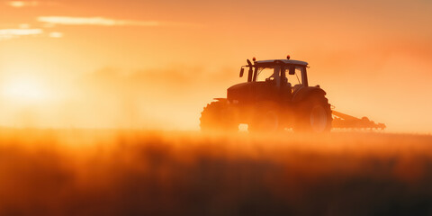 Tractor working in a golden field at sunrise. Agriculture, sustainability and rural life banner concept with copy space