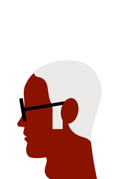 Abstract elderly man in profile wearing black glasses. Senior male portrait with white hair for aging, wisdom, mature adult, retirement, community and senior citizen concepts. High-res PNG